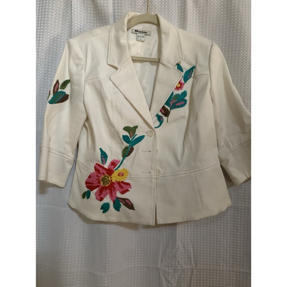 Nygard Collection Womens White‎ Denim Embroidered Jacket Size 14 Floral